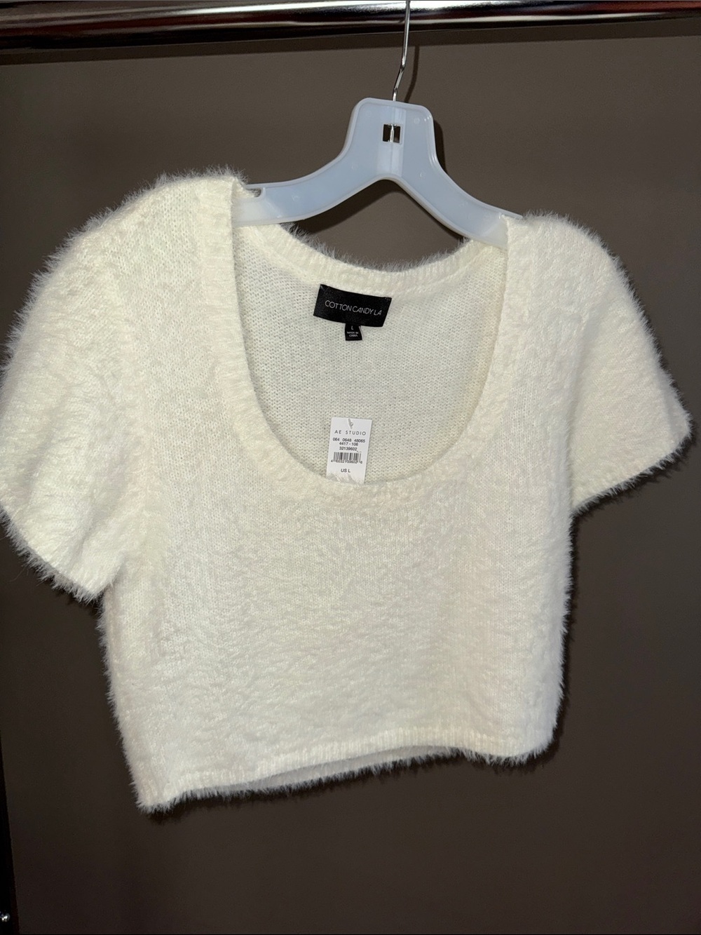 American Eagle Outfitters AE Studio White Fuzzy Short-Sleeve Crop Top